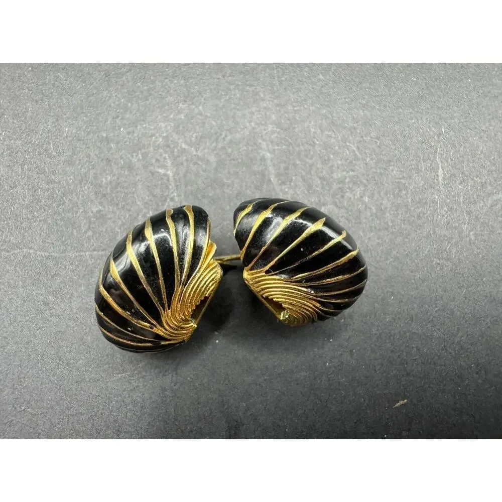 Vintage Gold Tone Textured Black Enamel Chunky Seashell Shrimp Stud Earrings
